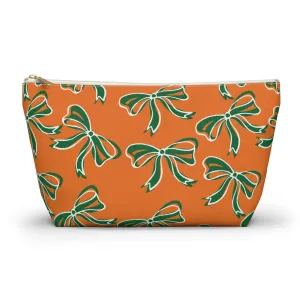 Trendy Bow Makeup Bag - Graduation Gift, Bed Party Gift, Acceptance Gift, College Gift, Miami Hurricanes, 305, orange and green