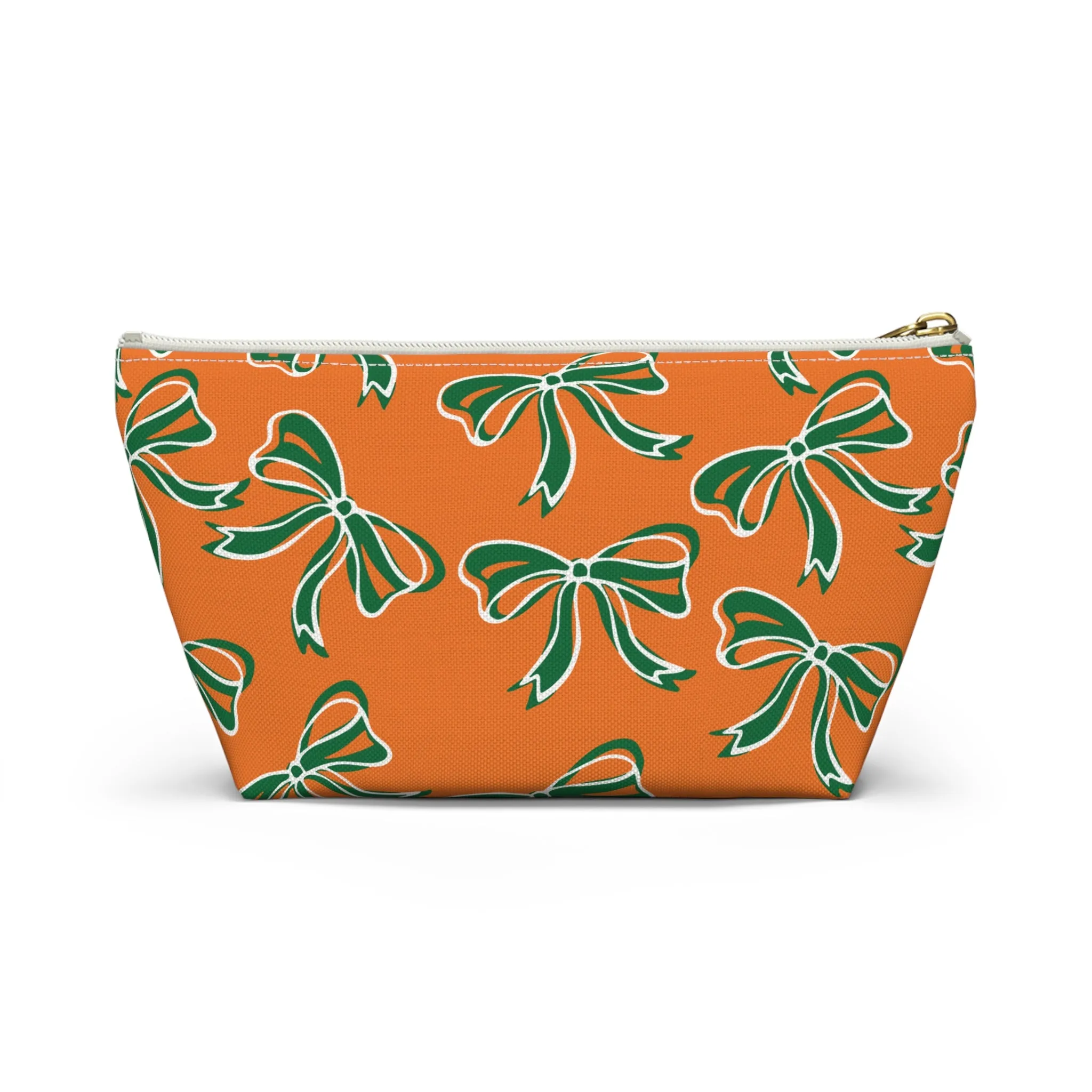 Trendy Bow Makeup Bag - Graduation Gift, Bed Party Gift, Acceptance Gift, College Gift, Miami Hurricanes, 305, orange and green