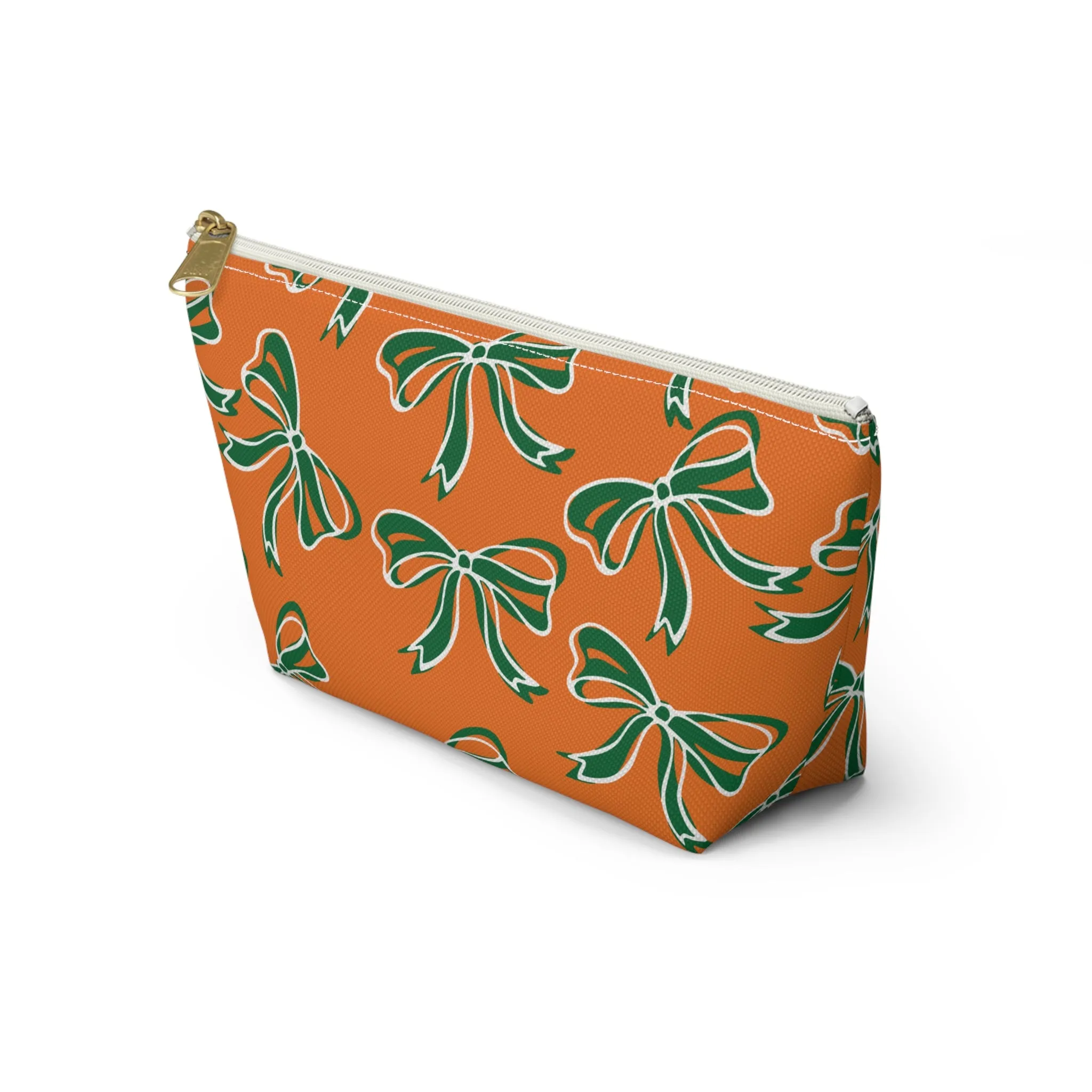 Trendy Bow Makeup Bag - Graduation Gift, Bed Party Gift, Acceptance Gift, College Gift, Miami Hurricanes, 305, orange and green