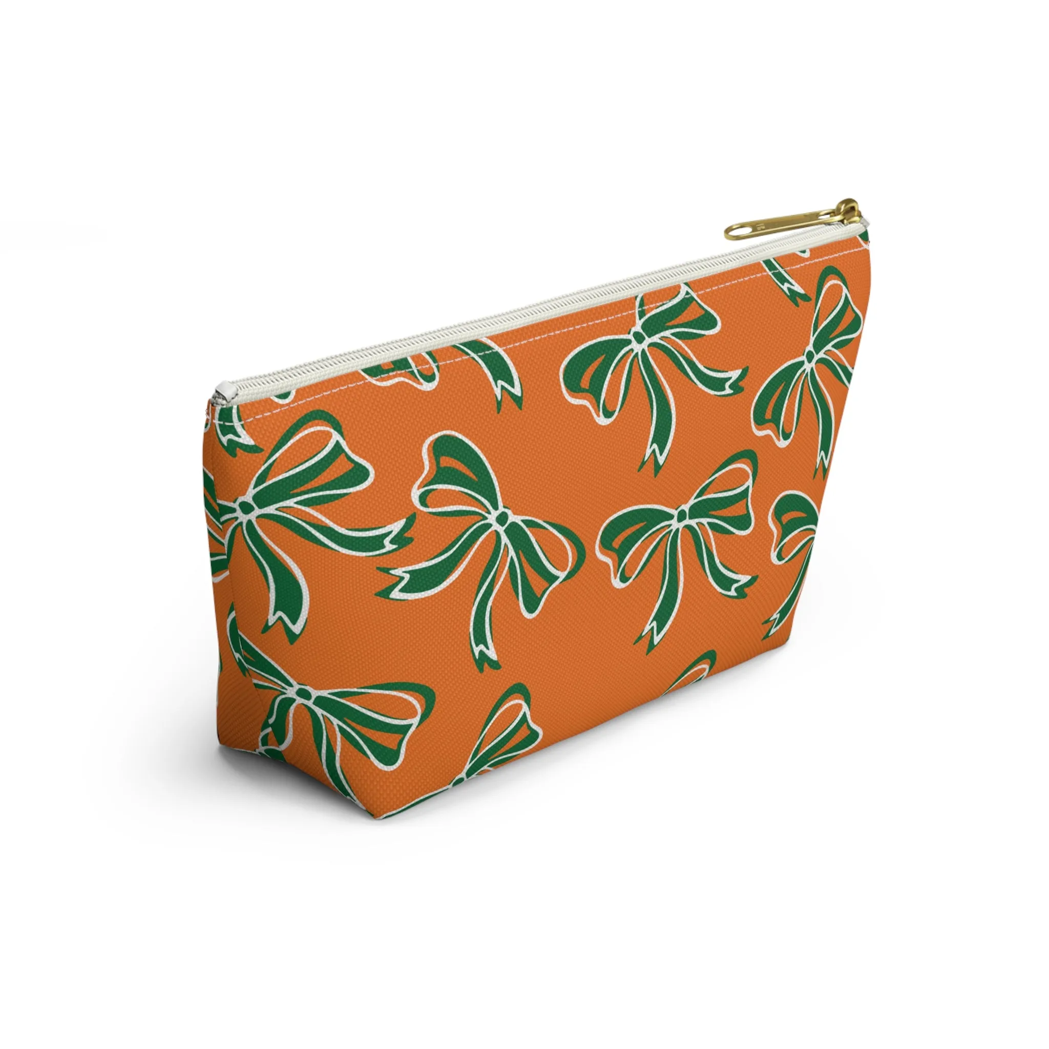 Trendy Bow Makeup Bag - Graduation Gift, Bed Party Gift, Acceptance Gift, College Gift, Miami Hurricanes, 305, orange and green