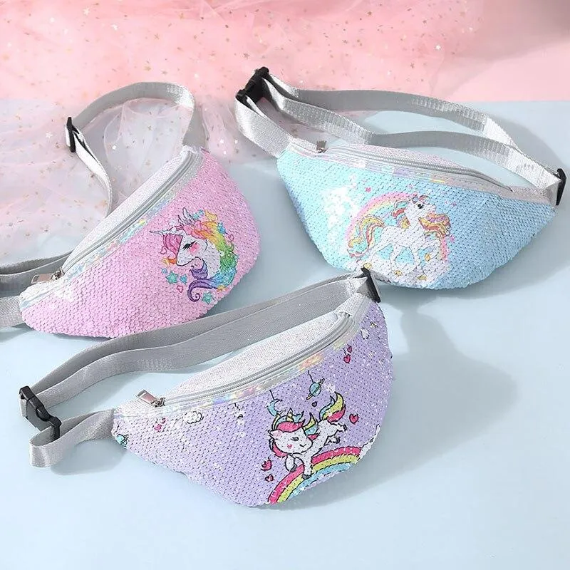 Trendy Casual Girls' Sequin Fannypacks With Cartoon Unicorn Pattern