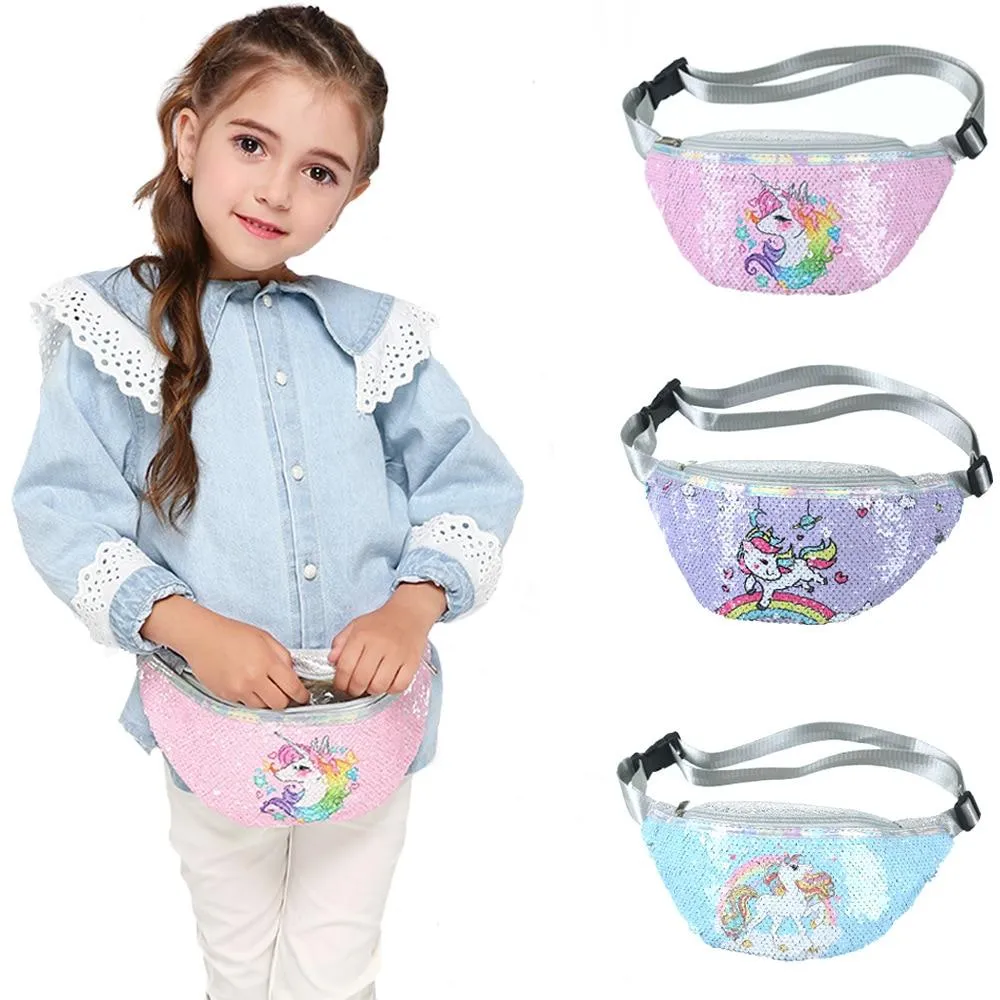 Trendy Casual Girls' Sequin Fannypacks With Cartoon Unicorn Pattern