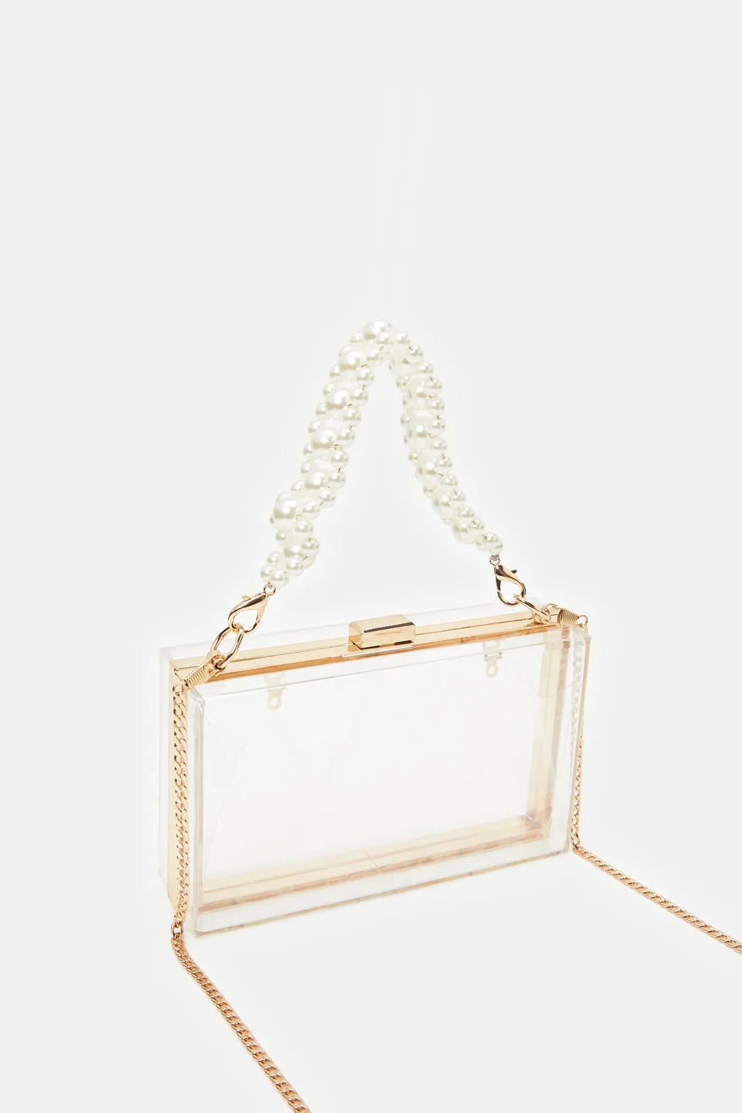 Women Clear And Gold Embellished Clutch Bag