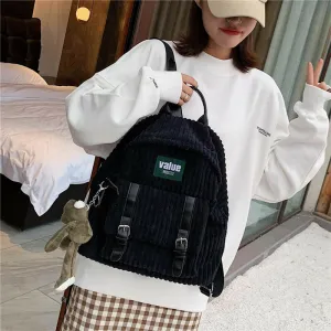 Women Corduroy Solid Color Outdoor Student School Bag Wear-resistance Casual Backpack