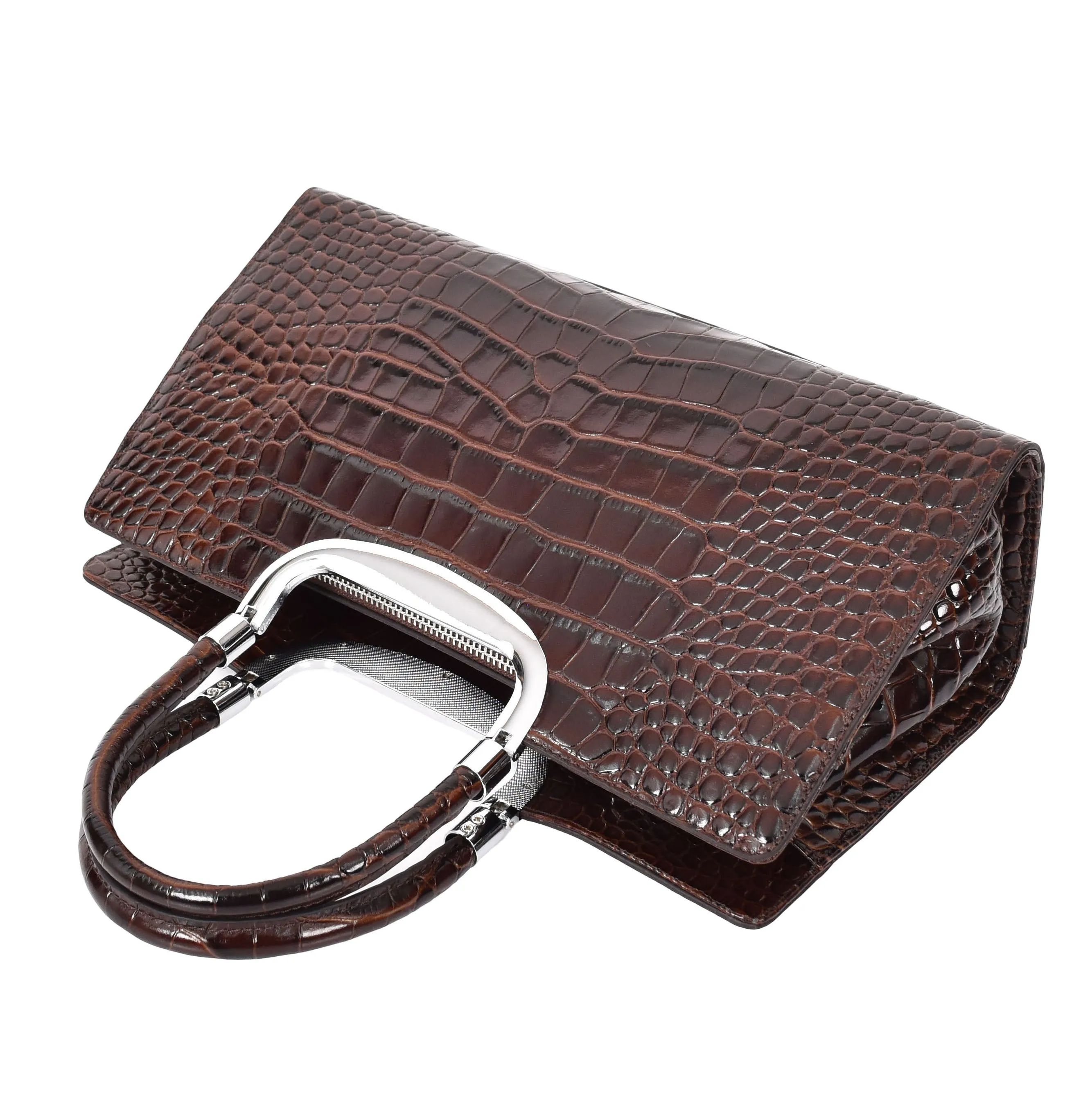 Womens Leather Croc Print Handbag Madeline Brown