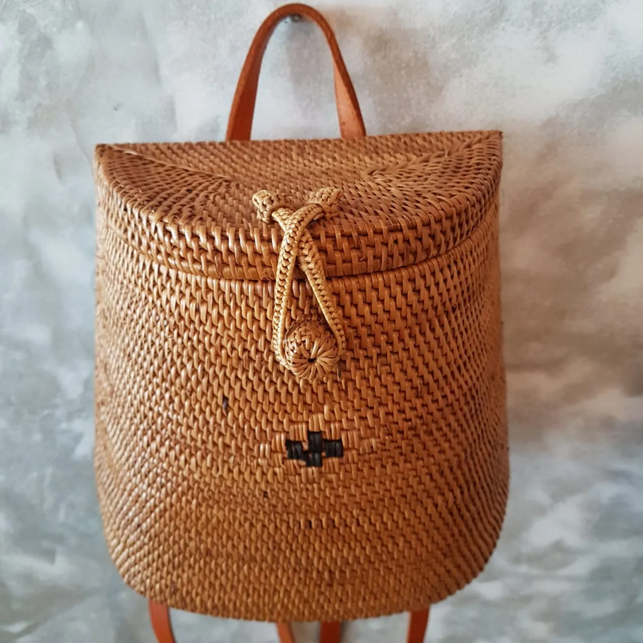 Woven Natural Rattan Basket Style Back Pack With Leather Straps