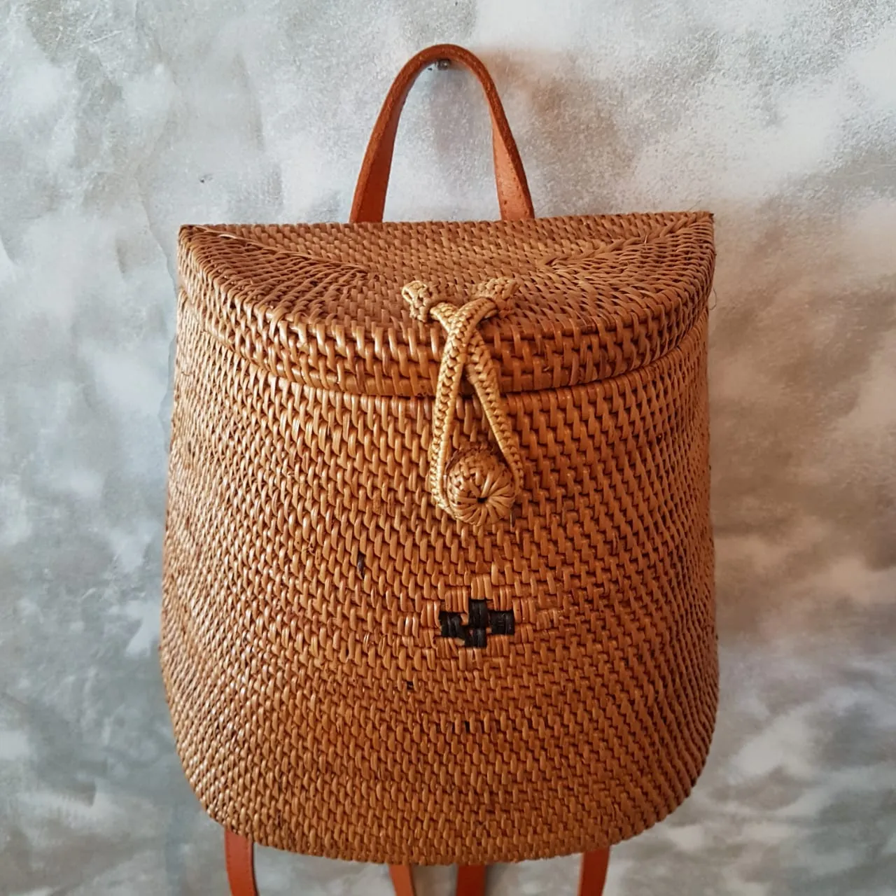 Woven Natural Rattan Basket Style Back Pack With Leather Straps