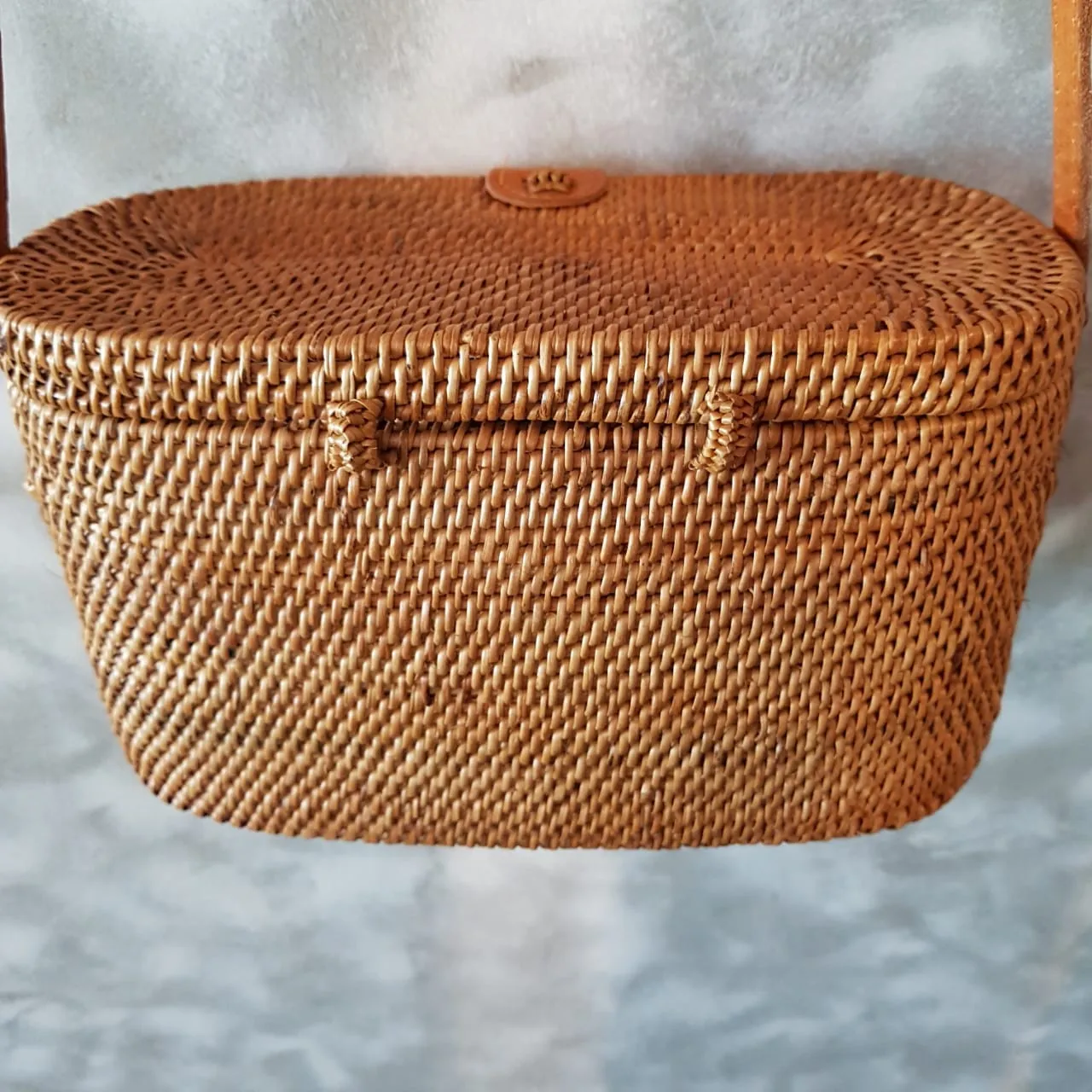 Woven Natural Rattan Cylinder Shaped Bag With Leather Strap