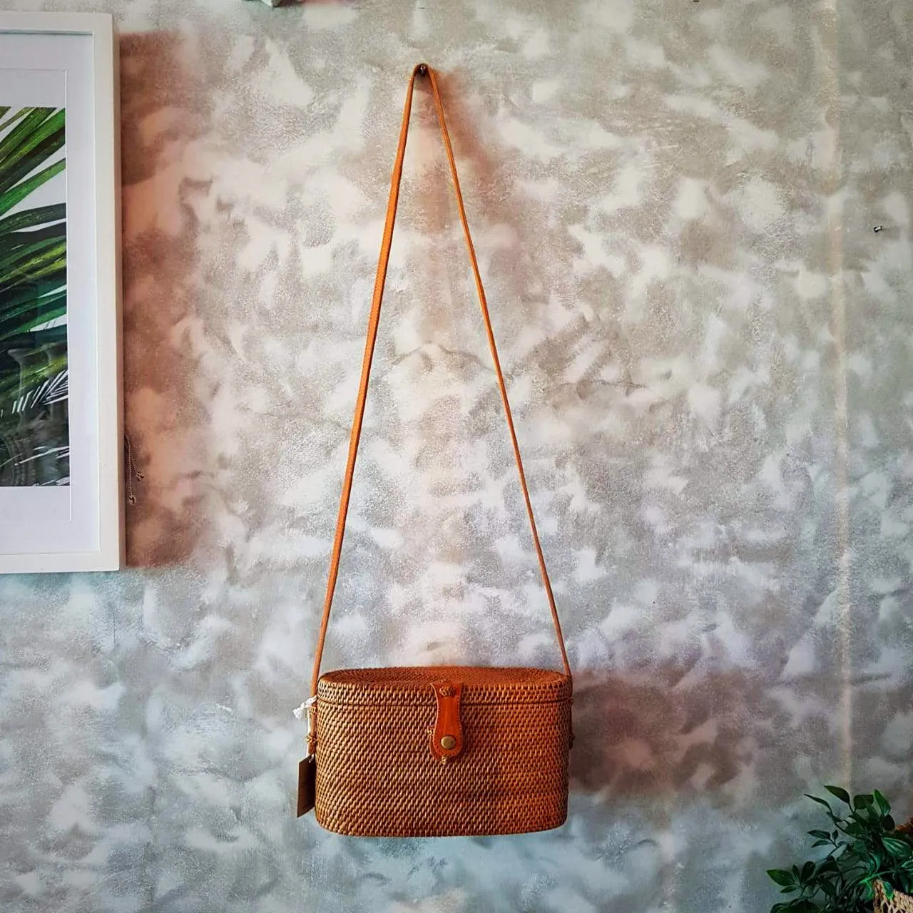 Woven Natural Rattan Cylinder Shaped Bag With Leather Strap