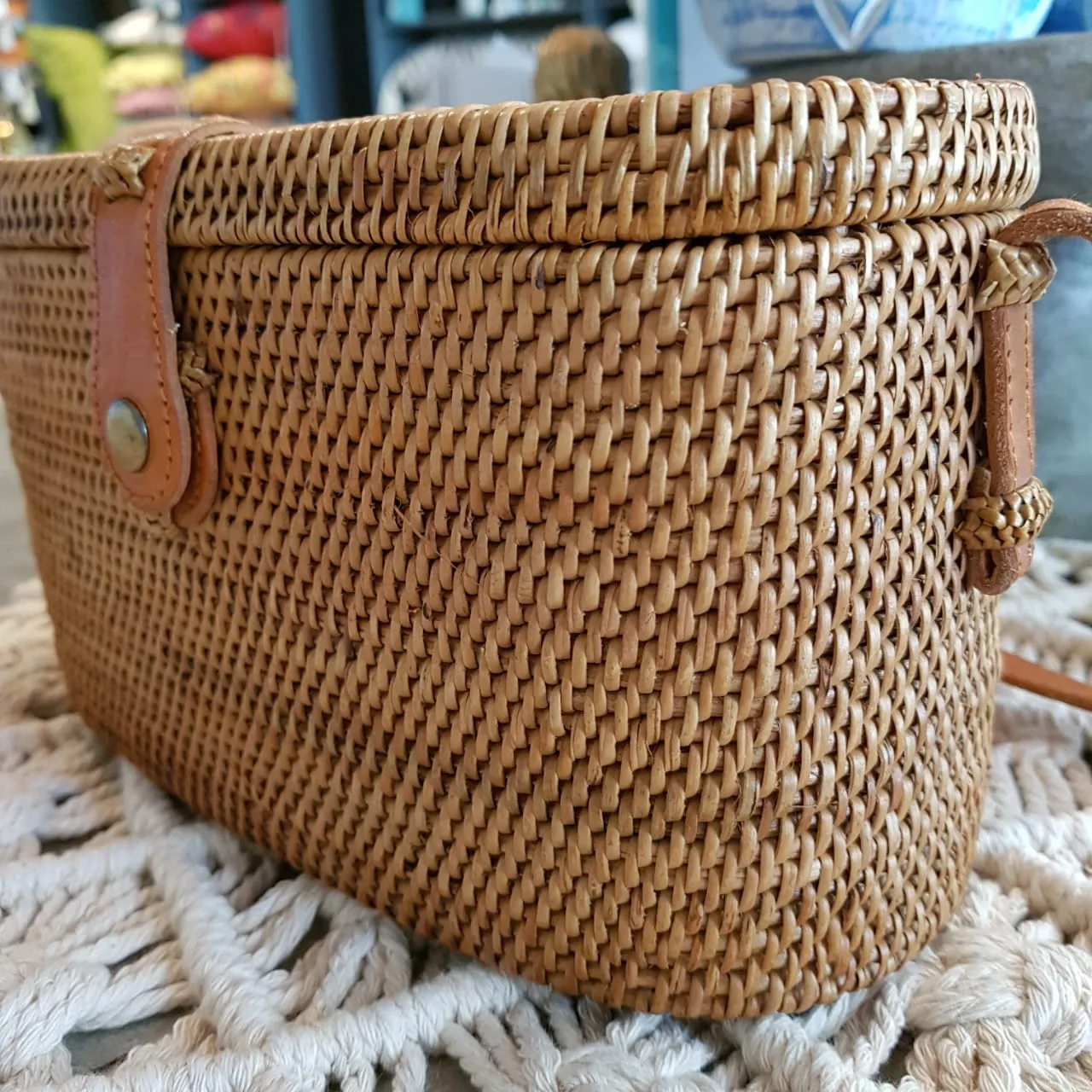 Woven Natural Rattan Cylinder Shaped Bag With Leather Strap