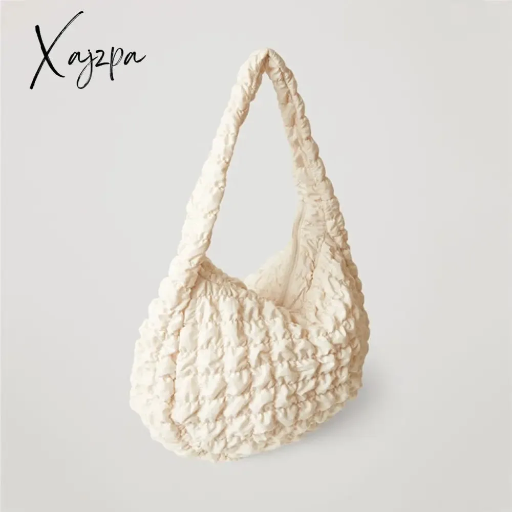 Xajzpa - Casual Large Capacity Tote Shoulder Bags Designer Ruched Handbag Luxury Nylon Quilted Padded Crossbody Bag Female Big Purse