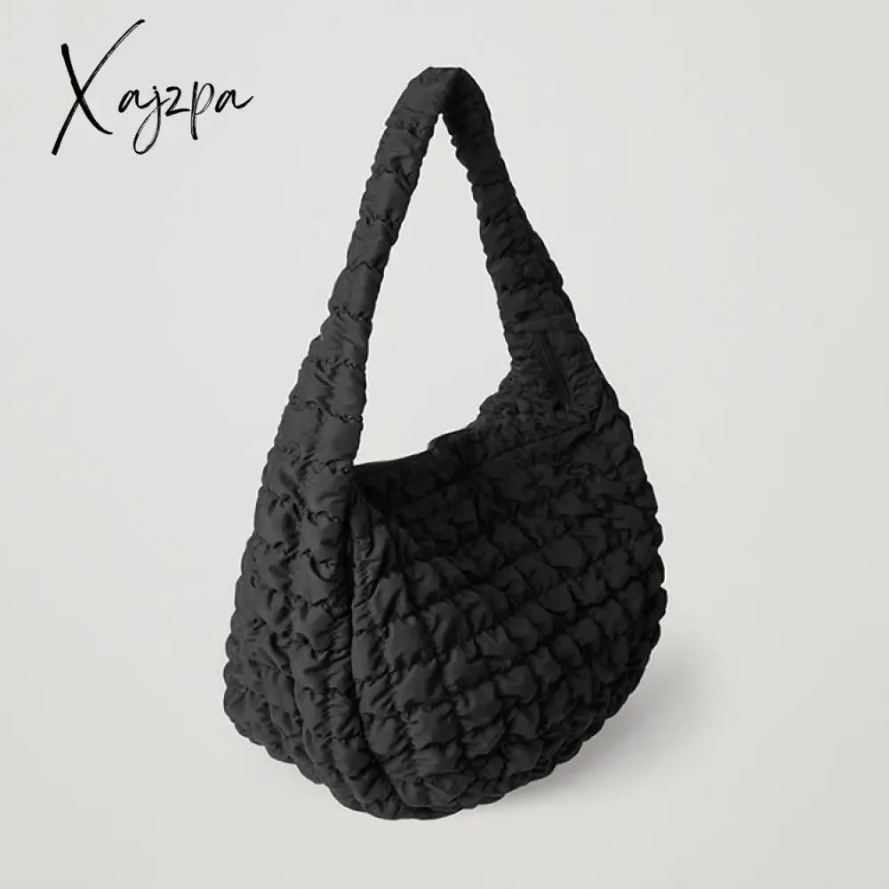 Xajzpa - Casual Large Capacity Tote Shoulder Bags Designer Ruched Handbag Luxury Nylon Quilted Padded Crossbody Bag Female Big Purse