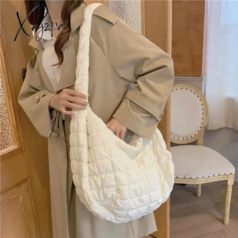 Xajzpa - Casual Large Capacity Tote Shoulder Bags Designer Ruched Handbag Luxury Nylon Quilted Padded Crossbody Bag Female Big Purse